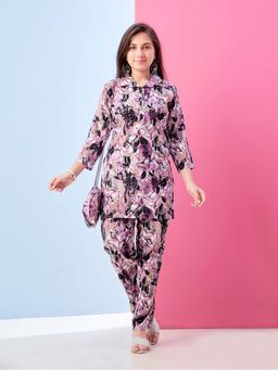 Aarika - Girls Purple Floral Print Polyester Co-Ord Set