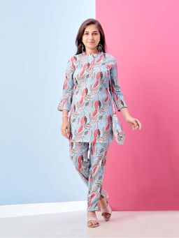 Aarika - Girls Blue Floral Print Polyester Co-Ord Set