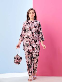 Aarika - Girls Peach Floral Print Polyester Co-Ord Set