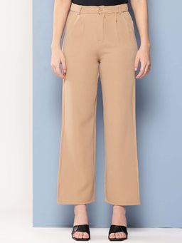 Aarika - Girls Beige Solid Crepe Trouser