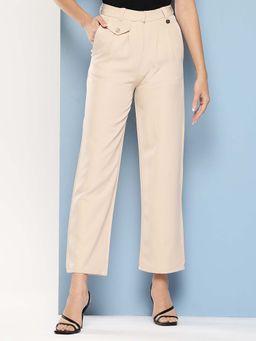 Aarika - Girls Beige Solid Crepe Trouser