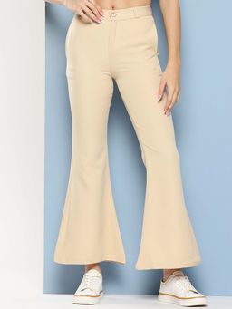 Aarika - Girls Beige Solid Crepe Trouser
