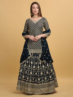 Aham-Vayam - Embroidered Teal Lehenga With Tunic And Dupatta