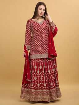 Aham-Vayam - Embroidered Teal Lehenga With Tunic And Dupatta
