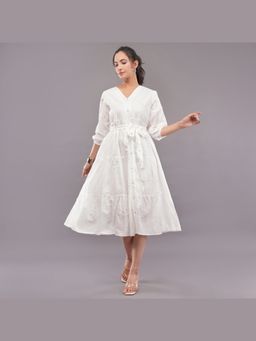 FELRIO - Women White Chikan Tie-Waist Dress