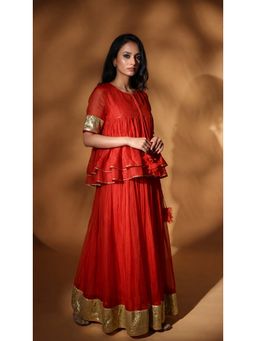 Rhua India - Orange Nidhi Top with Skirt and Dupatta