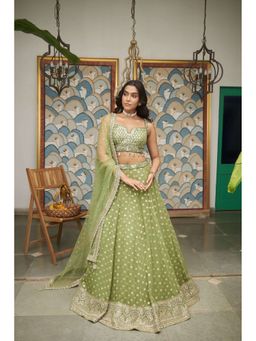 Meenagurnam - Green Net Sweetheart Neck Embellished Lehenga with Blouse and Dupatta