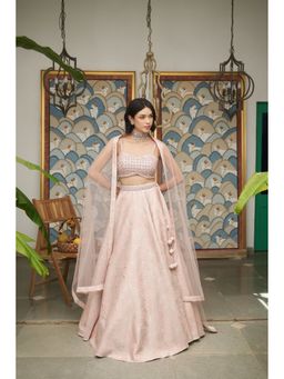 Meenagurnam - Pink Net Sweetheart Neck Embellished Lehenga with Blouse and Dupatta