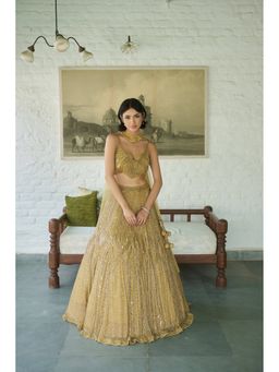 Meenagurnam - Gold Net Geometric Embellished Lehenga with Blouse and Dupatta
