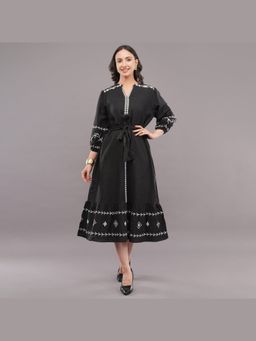 FELRIO - Women Midnight Black Threadwork Tie-Up Midi Dress