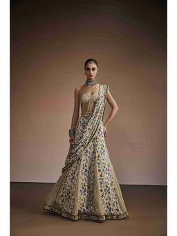 THE ROYALEUM ATELIER - Sand Beige Checks Lehenga With Corset And Dupatta