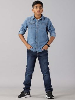 KiddoPanti - Blue Double Pocket Denim Shirt with Jeans