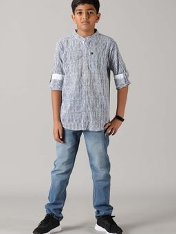 KiddoPanti - White & Blue Full Sleeve Shirt With Denim Jeans