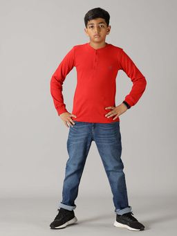 KiddoPanti - Red Solid Full Sleeve T-Shirt With Denim Jeans