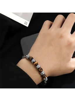 Yellow Chimes - Men Silver -Toned Stainless Steel Tiger Eye Stones Bracelet