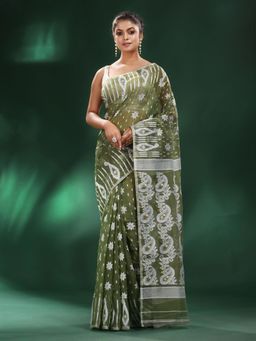 CHARUKRITI - Sap Green Silk Cotton Handwoven Soft Jamdani Saree without Blouse