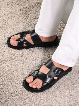 Louis Stitch - Black Kolhapuri Style Cross Strap Sandals
