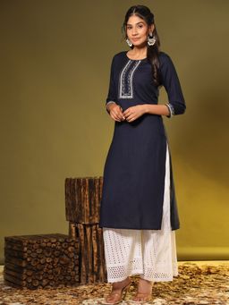 Vbuyz - Women's Mirror Work Straight Rayon Blue Stitched Kurta (vf-ku-1953)