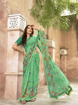 Odette - Sea Green Georgette Floral Printed Saree with Unstitched Blouse