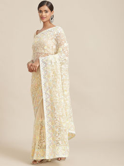 Odette - Light Yellow Floral Embroidered Net Saree with Unstitched Blouse