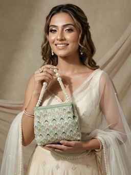 ADIVA - Green Fabric Embroidered Pearl Beaded Handheld Ethnic Handbag