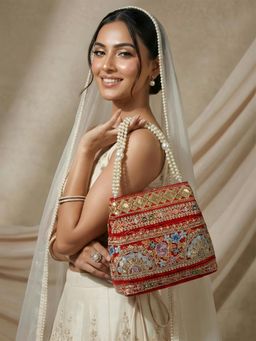 ADIVA - Red Fabric Embroidered Pearl Beaded Handheld Ethnic Handbag