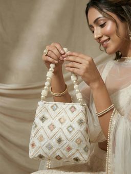 ADIVA - White Fabric Embroidered Pearl Beaded Handheld Ethnic Handbag