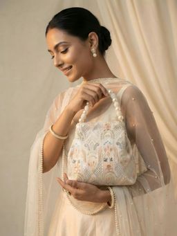 ADIVA - Ivory Fabric Embroidered Pearl Beaded Handheld Ethnic Handbag