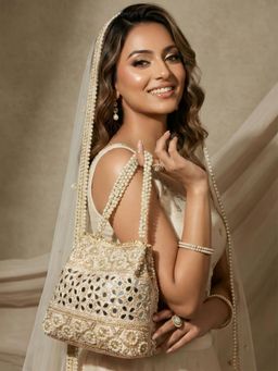 ADIVA - Pink Fabric Mirror Pearl Beaded Handheld Ethnic Handbag