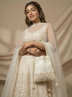 ADIVA - White Fabric Pearl Embellished Drawstring Potli Bag