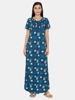 Zivame - Colored Twigs Knit Cotton Full Length Nightdress -Sailor Blue