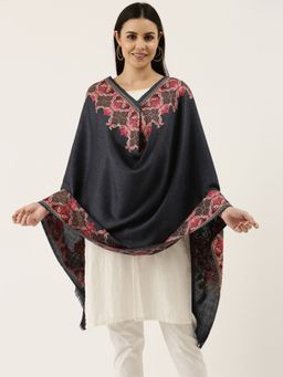 Pashmoda - Women Navy Blue Pure Wool Nalki Embroidered Stole