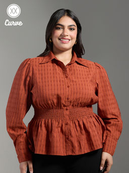 Twenty Dresses by Nykaa Fashion - Curve Rust Self Design Full Sleeves Peplum Shirt