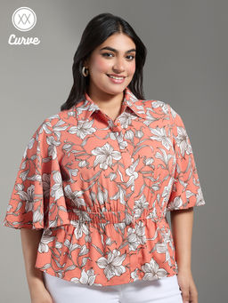 Twenty Dresses by Nykaa Fashion - Curve Rust and White Floral Bell Sleeves Peplum Shirt