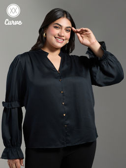 Twenty Dresses by Nykaa Fashion - Curve Black Solid Mandarin Collar Full Sleeves Top