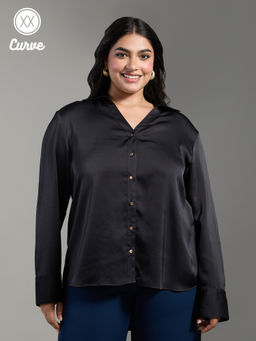 Twenty Dresses by Nykaa Fashion - Curve Black Solid V Neck Collared Full Sleeves Shirt