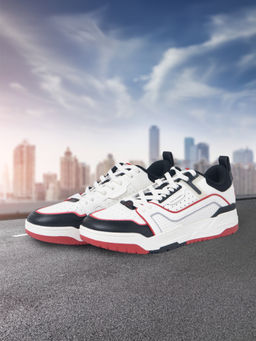 Xtep - Men Textured Lace-Up Leather Basketball Shoes White & Red