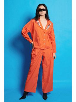 CINCIN Fashion - Womens Orange Poplin Notched Lapel Embroidered Shirt Co-Ord Set