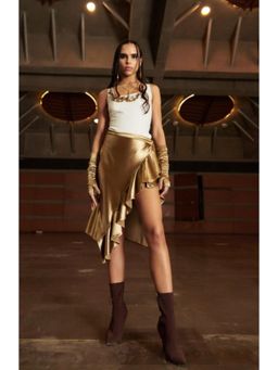 CINCIN Fashion - Womens Gold Crepe Square Neck Embroidered Top with Skirt