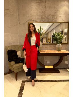 CINCIN Fashion - Womens Red Crepe V-Neck Colorblock Co-Ord Set