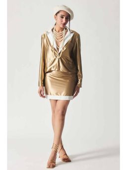 CINCIN Fashion - Womens Brown Lycra Notched Lapel Solid Top with Skirt