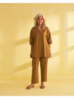 Vaaya - Khaki Handwoven Cotton and Ikat Print Co-Ord Set