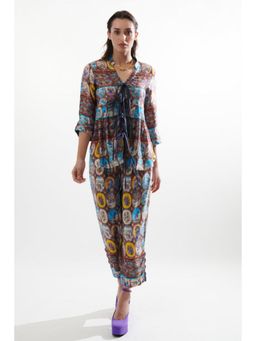 CINCIN Fashion - Womens Multi-Color Silk Mandarin Neck Printed Co-Ord Set