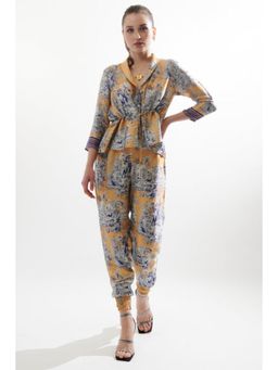 CINCIN Fashion - Womens Multi-Color Silk Notched Lapel Printed Co-Ord Set