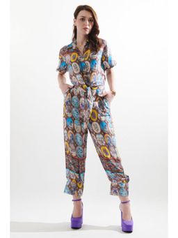 CINCIN Fashion - Womens Multi-Color Silk Collar Neck Printed Co-Ord Set