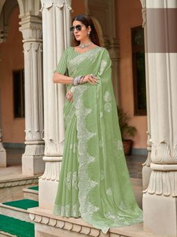 Laxmipati Sarees - Green Color Satin Chiffon Party Wear Saree with Unstitched Blouse
