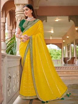 Laxmipati Sarees - Yellow Color Tissue Zari Party Wear Saree with Unstitched Blouse