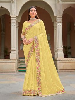 Laxmipati Sarees - Yellow Color Chiffon Party Wear Saree with Unstitched Blouse