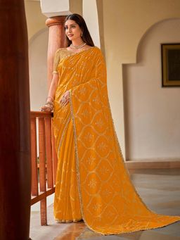 Laxmipati Sarees - Mustard Color Zari Chiffon Party Wear Saree with Unstitched Blouse