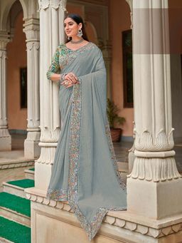 Laxmipati Sarees - Grey Color Embroidered Chiffon Party Wear Saree with Unstitched Blouse